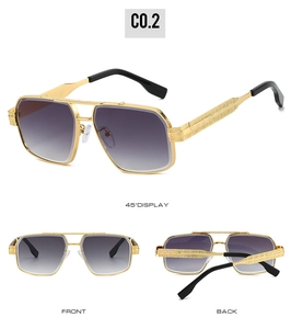 Detailed views of gold alloy sunglasses with relief carving and gradient grey lenses