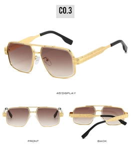 Detailed multi-angle views of large frame gold sunglasses with engraved temples