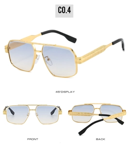 Detailed views of gold pilot sunglasses with light blue lenses and engraved temples