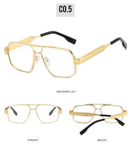 Detailed views of gold pilot sunglasses featuring intricate engraved temple patterns