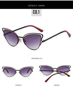 Vue en trois plans de lunettes de soleil œil de chat en métal avec verres dégradés violets