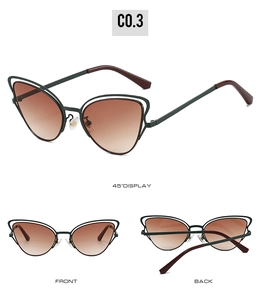 Vues détaillées de lunettes de soleil œil-de-chat avec monture double métal vert et verres bruns