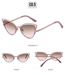 Vues détaillées multi-angles de lunettes de soleil œil de chat en métal rose tendance