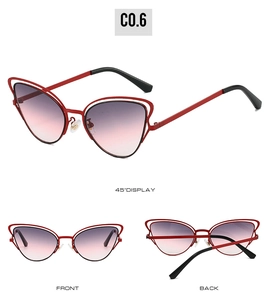 Lunettes de soleil œil-de-chat rouges avec verres dégradés, vues de face, dos et 45°