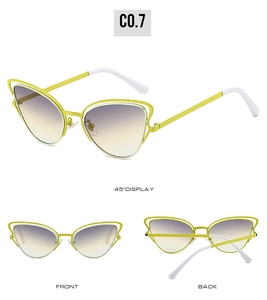 Vues détaillées des lunettes de soleil œil de chat en métal jaune avec cadre ajouré chic