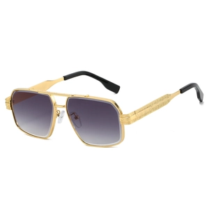 Fashionable rectangle gold aviator sunglasses with engraved temples and gradient purple lenses