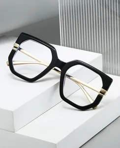 Detailed close-up of polygon frame computer safety glasses on white geometric stand