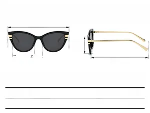 Detailed size chart of cat eye sunglasses with precise frame and lens measurements