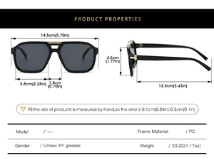 Detailed size chart of vintage double-bridge sunglasses with dimensions and weight specs