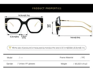 Size chart for anti-blue light glasses showing PC frame dimensions and unisex specifications