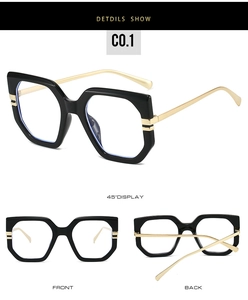 Detail view of black geometric eyeglass frames with gold metal temples from three angles
