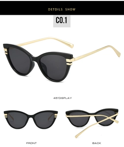 Three perspectives of cat eye sunglasses with black frames and gold metal temples