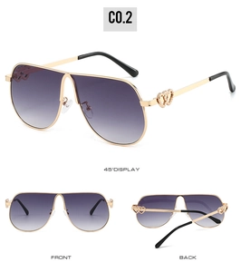 Detailed views of gold pilot sunglasses with purple gradient lenses and heart temple accents