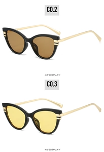 Cat eye sunglasses detail with 45-degree angle showing gold metal temples and tinted lenses