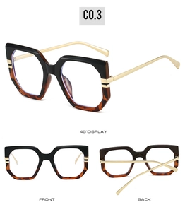 Three-view display of geometric anti-blue light glasses with black and tortoise frames