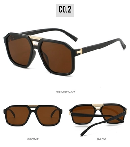 Three-way view of retro double-bridge pilot sunglasses with gold metal hinge details
