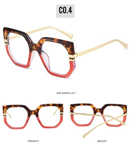 Three-angle view of hexagonal anti-blue light glasses with tortoiseshell and red frames