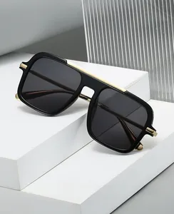 Close-up of black square frame sunglasses with metal bridge and blue light blocking lens