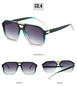 Detail view showing dark green gradient sunglasses frame with gold metal hinges