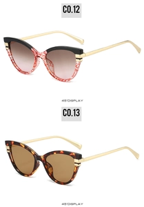 Cat-eye sunglasses detail view of C0.12 red-black and C0.13 tortoiseshell frames with metal temples