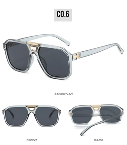 Three views of retro double-bridge pilot sunglasses with gold metal accents and grey lenses