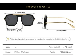 Size guide for unisex square aviator sunglasses showing detailed frame dimensions and weight