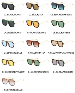 Matrix view of 13 colorful square aviator sunglasses with diverse frame and lens options