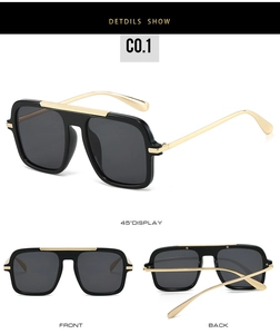 Detailed views of square aviator sunglasses with gold top bar and metal temples
