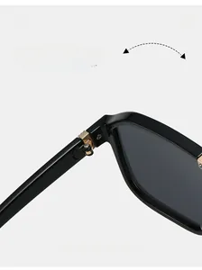 Detail of durable reinforced metal hinges on thick black square frame sunglasses