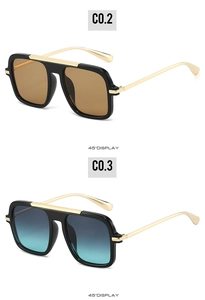 Detail view of square aviator sunglasses with gold temples in brown and gradient blue-green