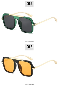 Detailed 45-degree side view of retro square aviator sunglasses with gold metal temples