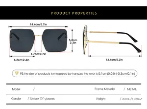 Detailed size chart for square frame metal sunglasses showing dimensions and weight