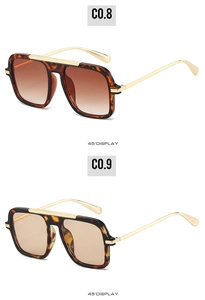 Detail view of square aviator sunglasses in tortoise shell finish with metallic hinges