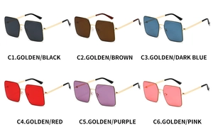 Detailed grid view of six square metal sunglasses colorways from gold to multiple lenses