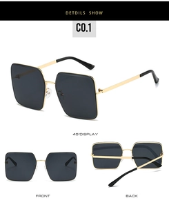 Three-angle views of square metal sunglasses with gold frames and dark grey lenses