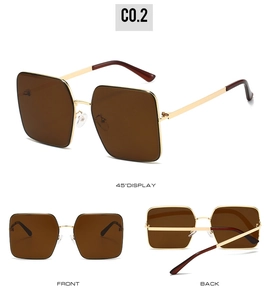Detailed views of oversized square metal sunglasses with gold frames and brown lenses