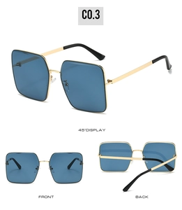 Three-view display of metal square sunglasses with light blue lenses and gold frames