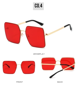 Square gold metal sunglasses with red lenses shown in front, back, and 45-degree views