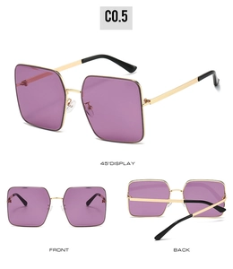 Three-view display of square metal sunglasses with purple lenses and golden frames