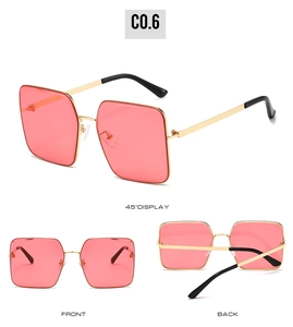 Detailed multi-angle views of square metal sunglasses with pink lenses and gold frames