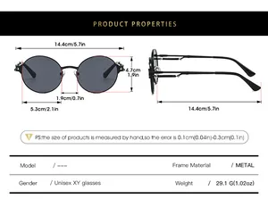Detailed size chart for retro round metal sunglasses with precise frame dimensions