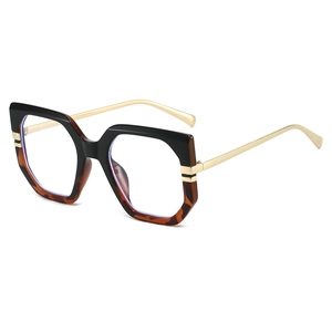 Geometric oversized anti-blue light glasses with black tortoise frame and gold metal temples
