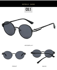 Detailed multi-angle views of retro round sunglasses with hollowed metal temple design