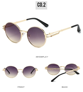 Three-view display of vintage round metal sunglasses with purple gradient lenses and gold frame