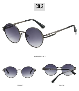 Three-way view of retro round metal sunglasses with gradient lenses and engraved details