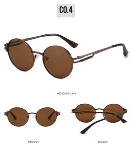 Three perspectives of retro round sunglasses with bronze metal frames and brown lenses