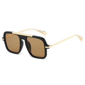 Classic square aviator sunglasses with black frame, gold accents and brown lenses