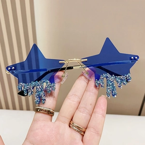 Star Shaped Rimless Sunglasses With Rhinestone Tassel Dripping Effect Metal Frame Party Y2K Hip Hop Eyewear For Women