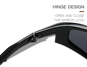 Détail de la charnière métallique renforcée sur lunettes de soleil de sport noires