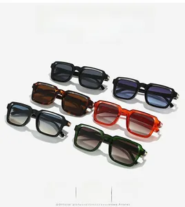 Close-up of classic square frame sunglasses in multiple colors with metal hinge details